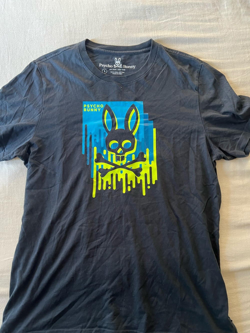 Psycho Bunny Black Tee with Neon Blue and Lime Graphic